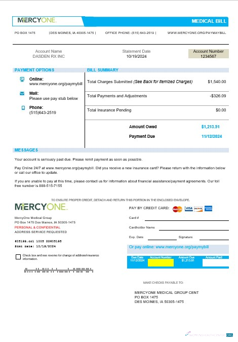 USA Iowa MercyOne medical business utility bill template in Word and PDF formats
